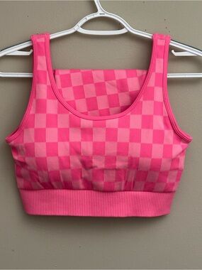 Seamless Pink Checker Sports Bra with Ribbed Support and matching shorts.